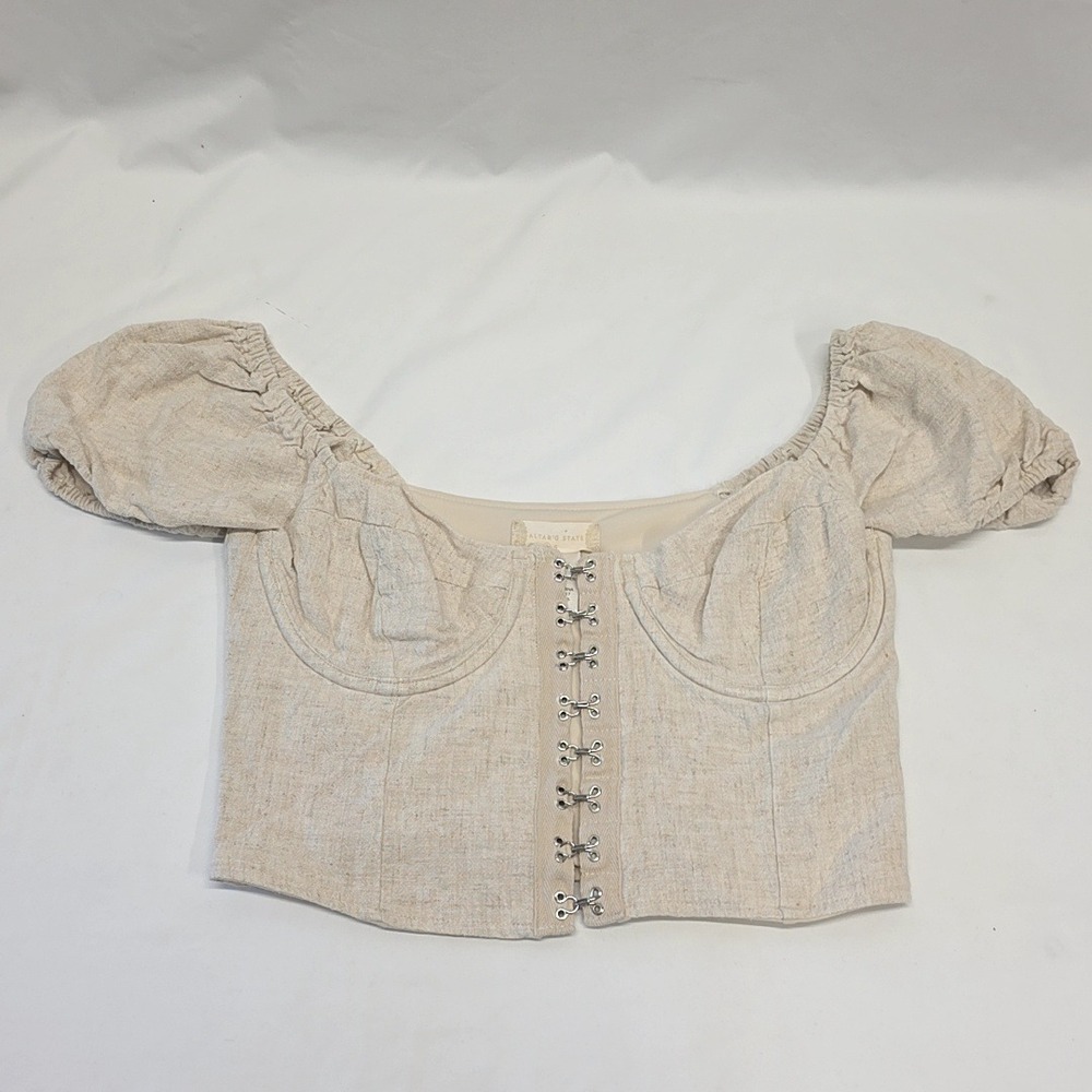 Altar'd‎ State Corset Top Womens S Oatmeal Linen Blend Puff Sleeve Peasant Boho